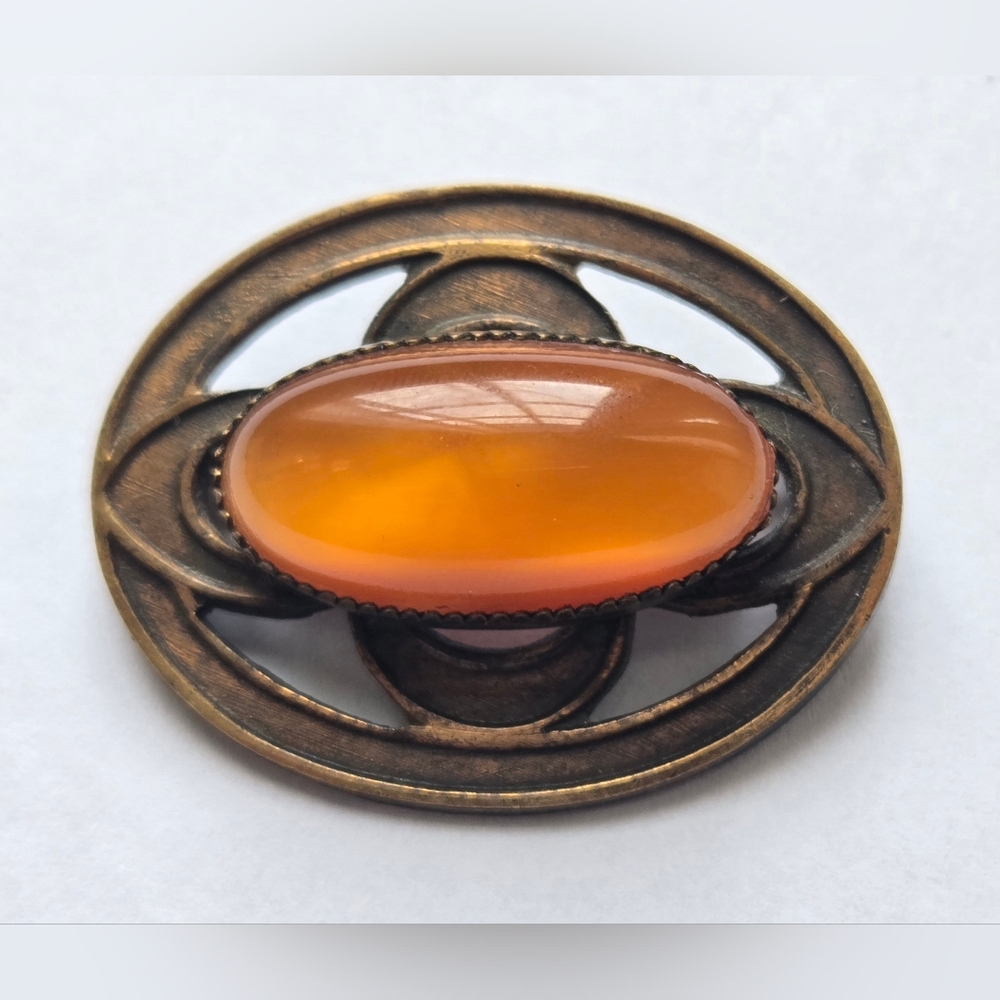 Vintage 1940s Art Deco Brass Brooch w/ Honey Egg Yolk Baltic Amber Cabochon
